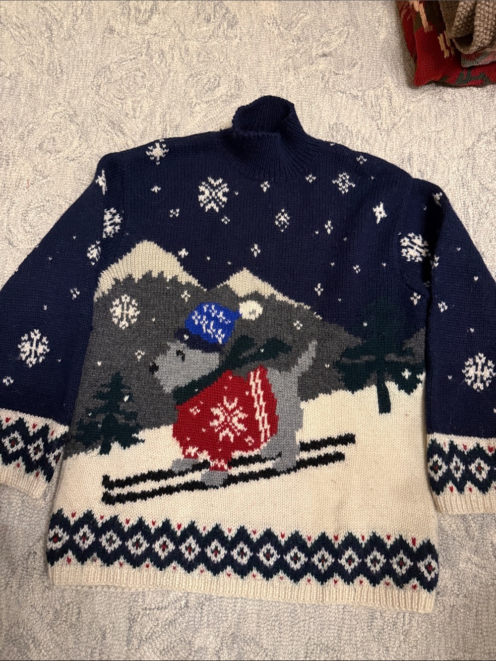 Vintage Lauren Ralph Lauren Navy, Cream, Red & Blue Ski Dog Turtleneck Sweater